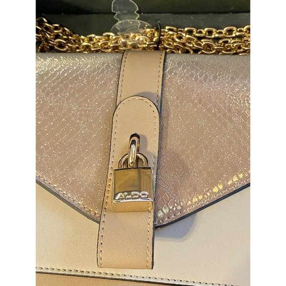 Aldo Tan And Beige 8.5x6x4 Inch Handbag With Gold Chain And Lock In Original Box - Picture 3 of 8